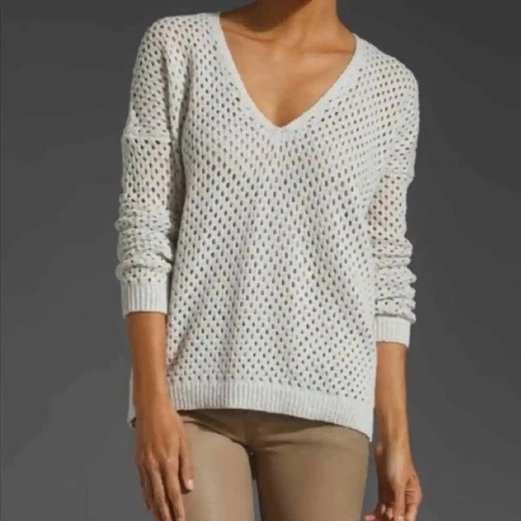 Theory Sweaters - THEORY Castra Fine Ocean Blue Gray Open Knit V-Neck Pullover Sweater, Petite